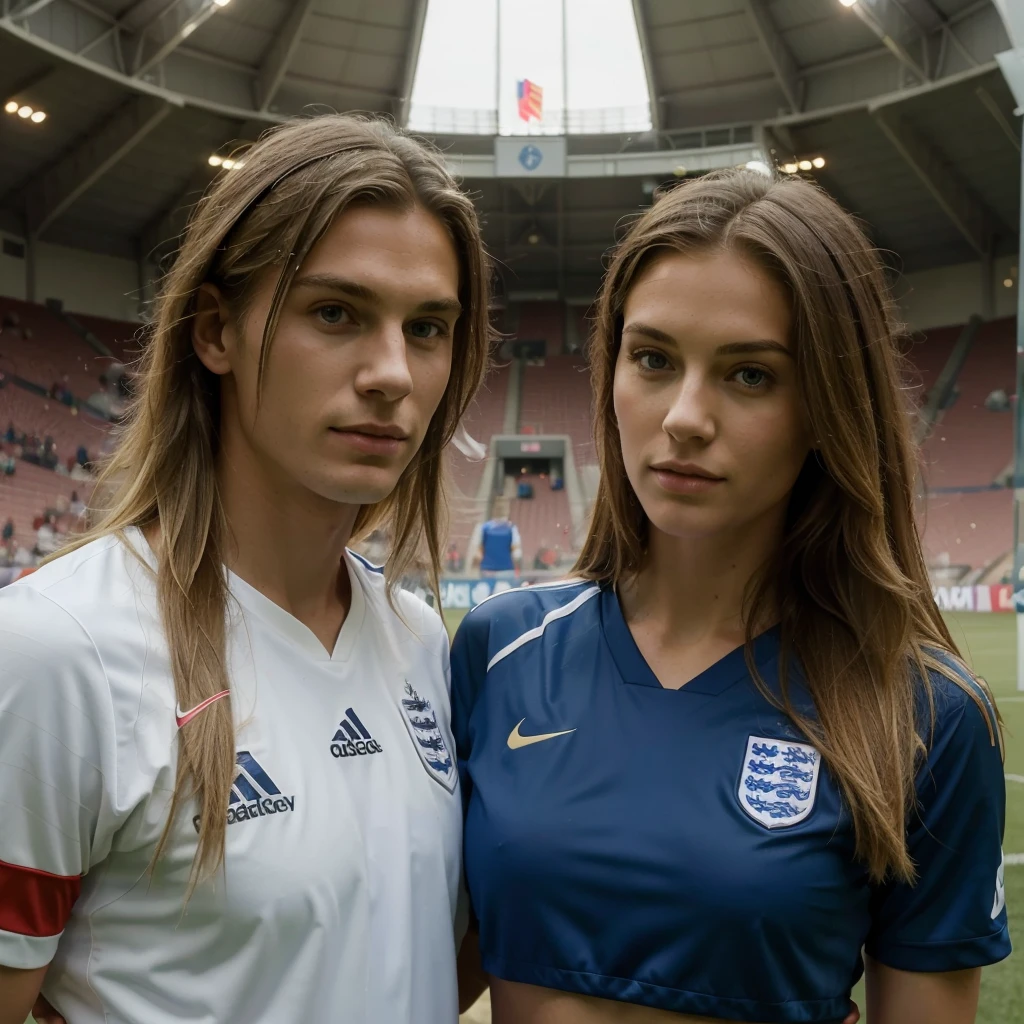 ((best quality)), ((masterpiece)), (detailed), ((couple)) , 1woman, very long blonde hair, England soccer jersey , 1man, tall man, muscular, handsome, dark, ((short hair)) , wearing England soccer jersey, soccer game, Stadion, summer time