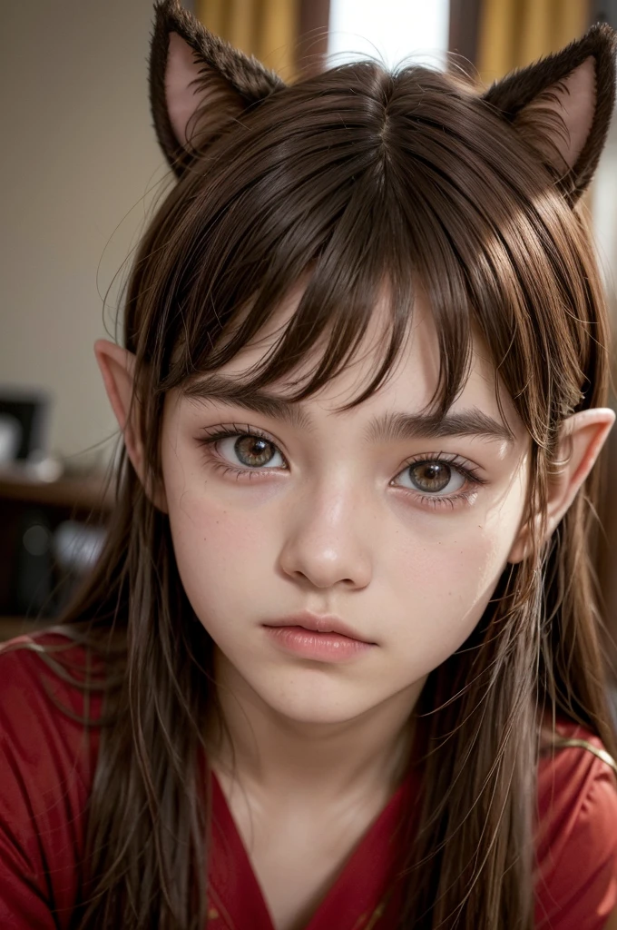 A 16 year old man, with yellowish brown skin, eyes browns, equally brown hair but with red highlights, hair style being not too big medium, elf ears is black and red clothing with a mature appearance