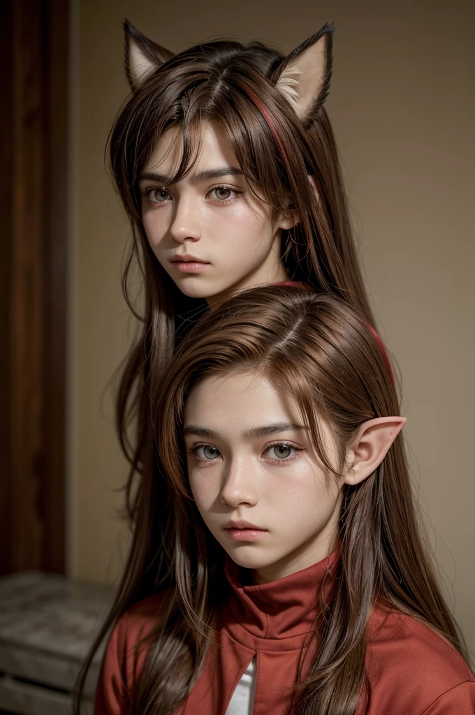 A 16 year old man, with yellowish brown skin, eyes browns, equally brown hair but with red highlights, hair style being not too big medium, elf ears is black and red clothing with a mature appearance