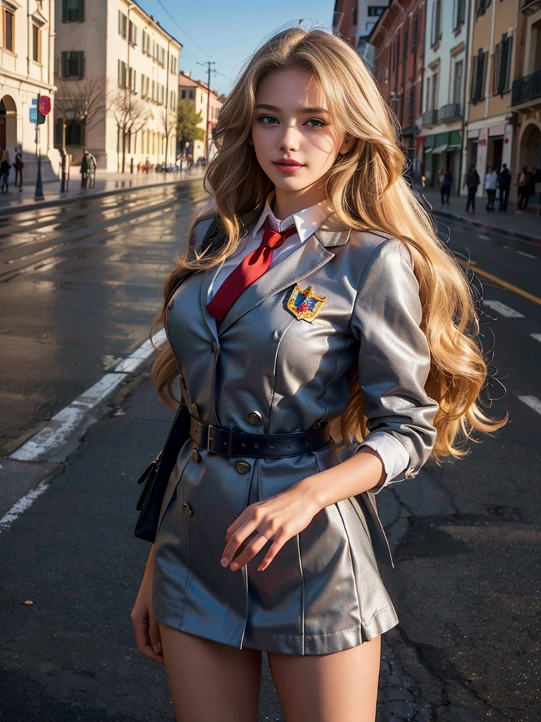 (A photo of a super beautiful white-blonde Russian female student standing:1.2)(Sexiest Arab Women)(Smiling:1.2)(16K, RAW Photos, Highest quality, masterpiece: 1.2),(Her shiny, wavy long hair is blown wildly by the wind:1.1) Super detailed, Super Resolution, (Genuine, Genuine photos: 1.37), Portraiture, High-resolution RAW color photos, Professional photos, Very detailed, 8k wallpaper, Very detailed CG Unity 8k wallpaper, Very detailed beautiful girl, Very detailed faces,(Flames burning on the streets of Italy:1.2)(Tight school uniform:1.2)(whole body)(Skinny but big boobs:1.1)(かわいいタイトな半袖 style outfit:1.2)School uniform style outfit,light gray eyes,from side,Winter coats for students