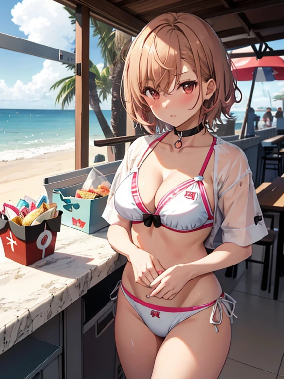 Soft cream, cute, Pitiful, Girl, short hair, Beach House, Swimwear, counter, Fast food clerk, Fast Food Worker, Misaka Mikoto, 1girl, black choker, uhd, retina, masterpiece, ccurate, anatomically correct, textured skin, super detail, high details, high quality, best quality, highres, 4K