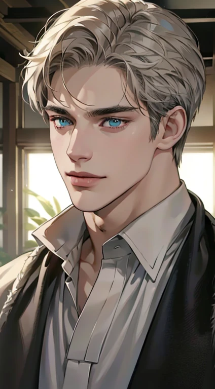 (best quality,4k,8k,highres,masterpiece:1.2),ultra-detailed,(realistic,photorealistic,photo-realistic:1.37),1 man,31 years old,mature man,very handsome,without expression,smile,short grey golden hair,blue eyes,penetrating gaze,perfect face without errors,imposing posture,businessman,office background,cinematic lighting,hdr image
