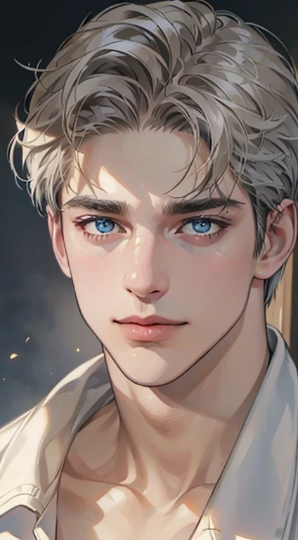(best quality,4k,8k,highres,masterpiece:1.2),ultra-detailed,(realistic,photorealistic,photo-realistic:1.37),1 man,31 years old,mature man,very handsome,without expression,smile,short grey golden hair,blue eyes,penetrating gaze,perfect face without errors,imposing posture,businessman,office background,cinematic lighting,hdr image