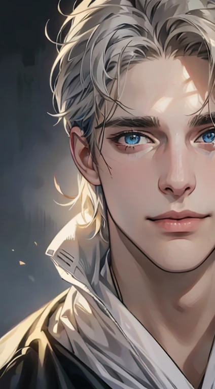 (best quality,4k,8k,highres,masterpiece:1.2),ultra-detailed,(realistic,photorealistic,photo-realistic:1.37),1 man,31 years old,mature man,very handsome,without expression,smile,short grey golden hair,blue eyes,penetrating gaze,perfect face without errors,imposing posture,businessman,office background,cinematic lighting,hdr image
