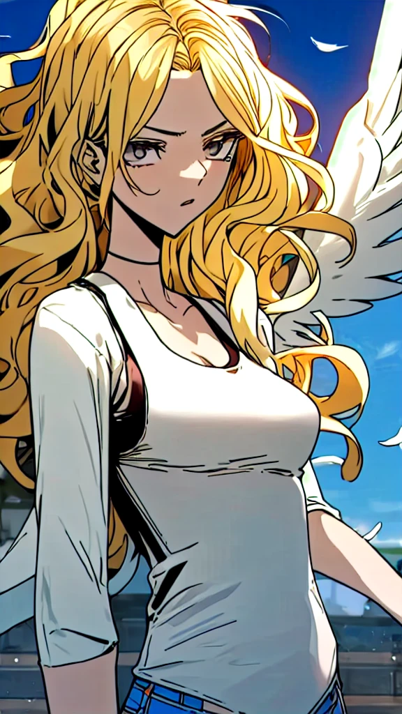 1girl, medium breasts, blonde hair, long hair, wavy hair, grey eyes, white feathered wings, angel, outdoors, white jacket, choker, tank top, jeans, half shades 