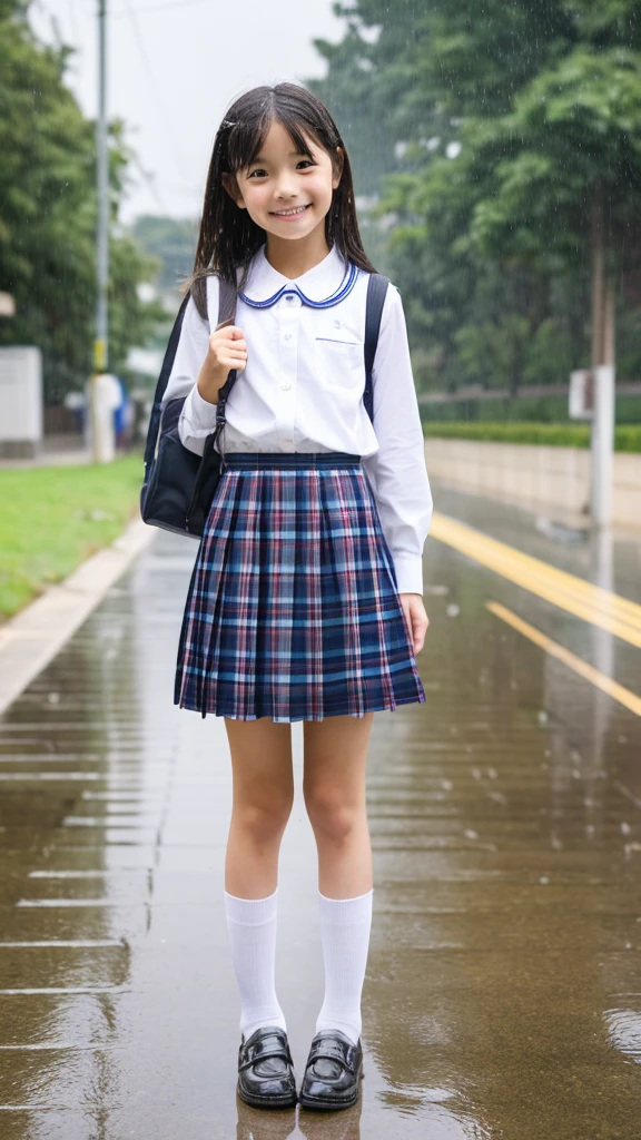 ((highest quality)), ((masterpiece)), (be familiar with), Perfect Face,Japanese,***********,Girl,cute,Primary school students,Private elementary school,4th grade elementary school,Young,,uniform,White blouse,Checkered mini skirt,school bag,In front of the station,rain,Wet hair