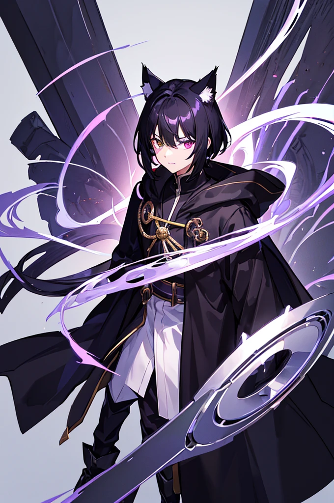 Black Hair少年,Around fifteen years old,Black Hair,Cat ear,Cat tail,Purple cloak,Heterochromia,Red left eye,Blue right eye,White shirt,Purple cloak,Standing,whole body,For the audience,White background,masterpiece,HD,4K,Detailed facial depiction,Black trousers,Black boots,Black Hair,White background(1:5)