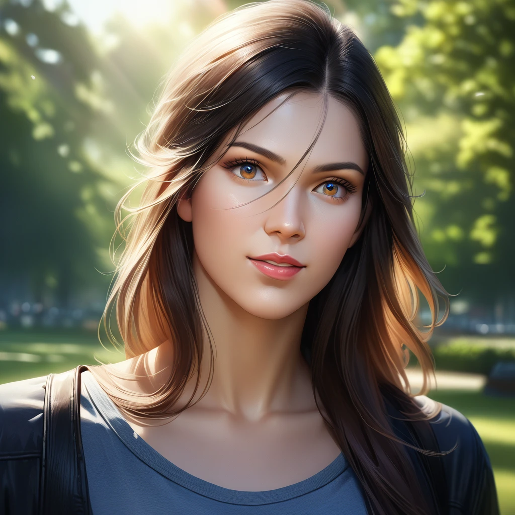 (best quality,4k,8k,highres,masterpiece:1.2),ultra-detailed,(realistic,photorealistic,photo-realistic:1.37),1girl,young woman,beautiful detailed eyes,beautiful detailed lips,extremely detailed eyes and face,long eyelashes,smooth skin,soft smile,long flowing hair,casual outfit,standing pose,natural lighting,outdoor scene,park background,lush greenery,sunlight filtering through leaves,bokeh effect,vivid colors,sharp focus,portrait shot,golden hour,serene atmosphere,2D realistic style