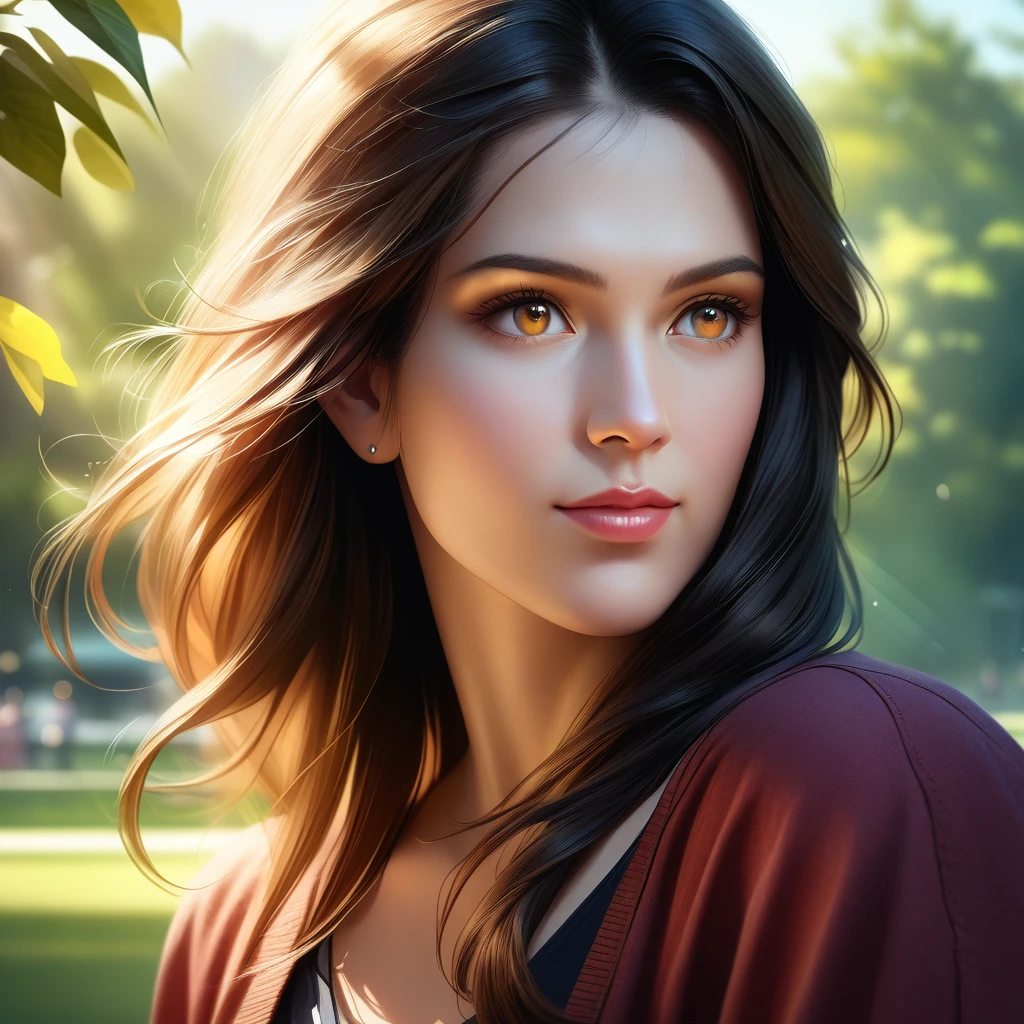 (best quality,4k,8k,highres,masterpiece:1.2),ultra-detailed,(realistic,photorealistic,photo-realistic:1.37),1girl,young woman,beautiful detailed eyes,beautiful detailed lips,extremely detailed eyes and face,long eyelashes,smooth skin,soft smile,long flowing hair,casual outfit,standing pose,natural lighting,outdoor scene,park background,lush greenery,sunlight filtering through leaves,bokeh effect,vivid colors,sharp focus,portrait shot,golden hour,serene atmosphere,2D realistic style