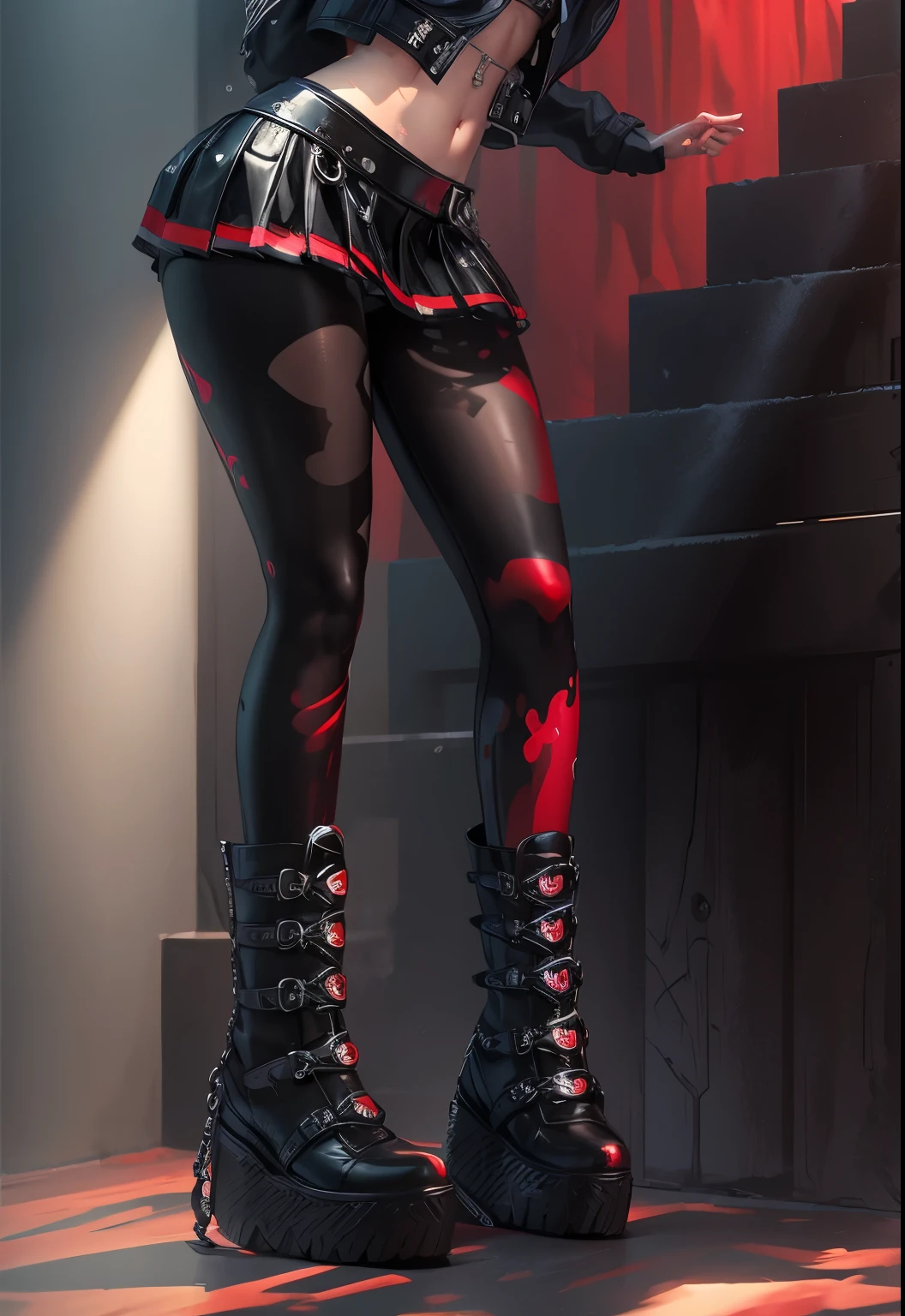 aVATAR SECOND LIFE Korean girl wearing black and white leather jacket, red cap, Asian, , Perfect and detailed face, imvu, maximalist details, AVATAR SECOND LIFE Korean blusa , neon, red skirt colegial, red skirt, black long boots