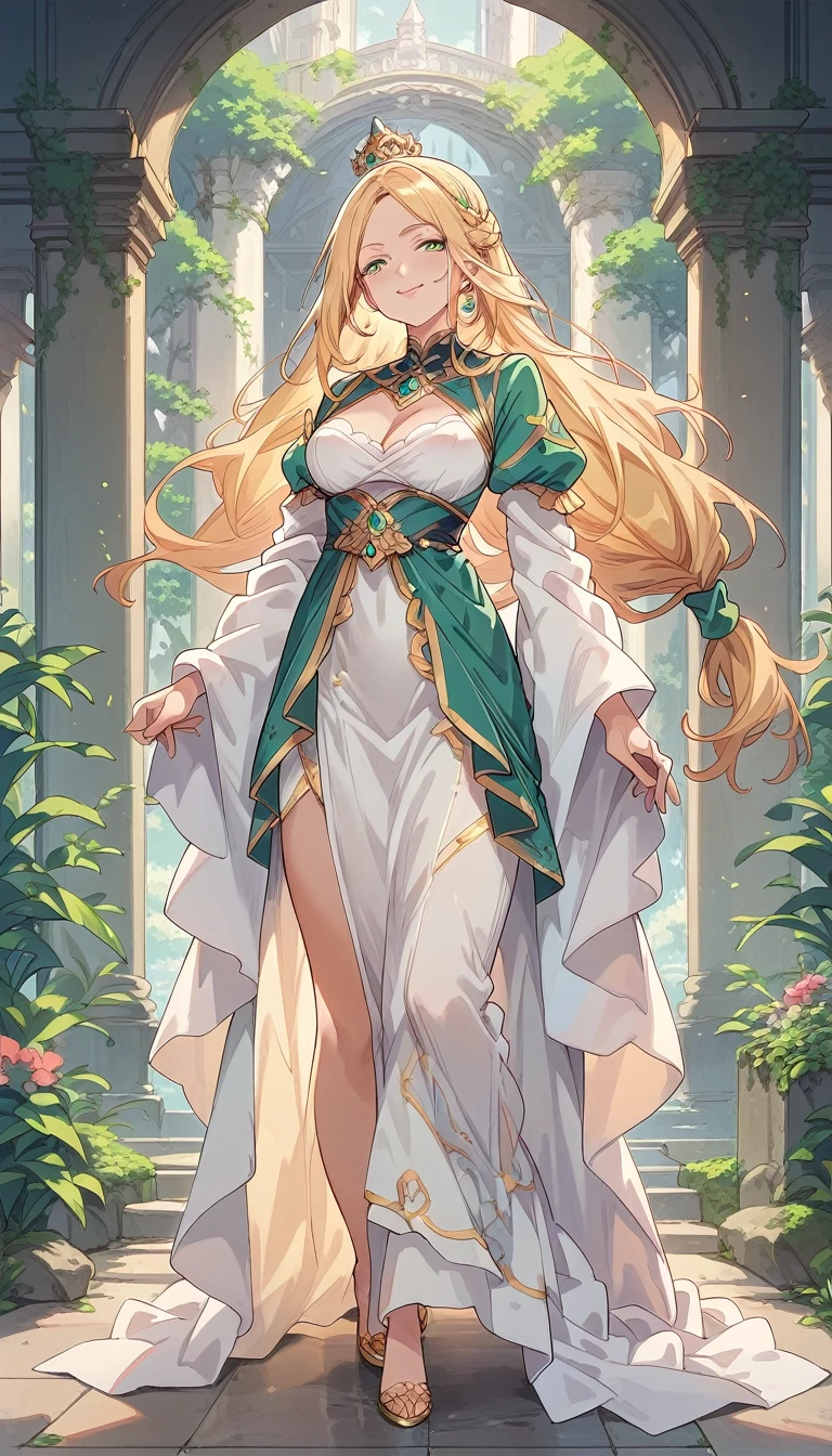 (best quality)) ((masterpiece)) human, 1woman, ((full-body-point-of-view-1)), ((stern facial expression)), huge_breasts_1, solo, long_hair, ((1green eyes)), ((light_blonde_hair)), ((stern face)), looking_at_viewer, massive_breasts_1, wide_hips_1, freckles, gold_trim, very_long_hair, gold_jewelry, bangs, ((regal dress)), beautiful_scenery_background, ((perfect green eyes)), ((highest quality)), ((excellent quality)), ((best quality)), 2arms-1, ((feet-1)), ((hands behind head))