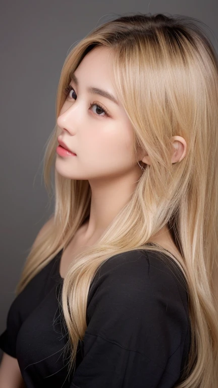 Highest quality、Japanese women、The most beautiful woman in the world、sexy、Blonde long hair hairstyle、Small face、Beautiful skin、noon、Large breasts、Realistic、sexyなポーズ、sexyな表情、Black Shirt