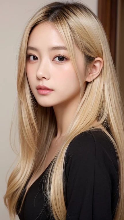 Highest quality、Japanese women、The most beautiful woman in the world、sexy、Blonde long hair hairstyle、Small face、Beautiful skin、noon、Large breasts、Realistic、sexyなポーズ、sexyな表情、Black Shirt