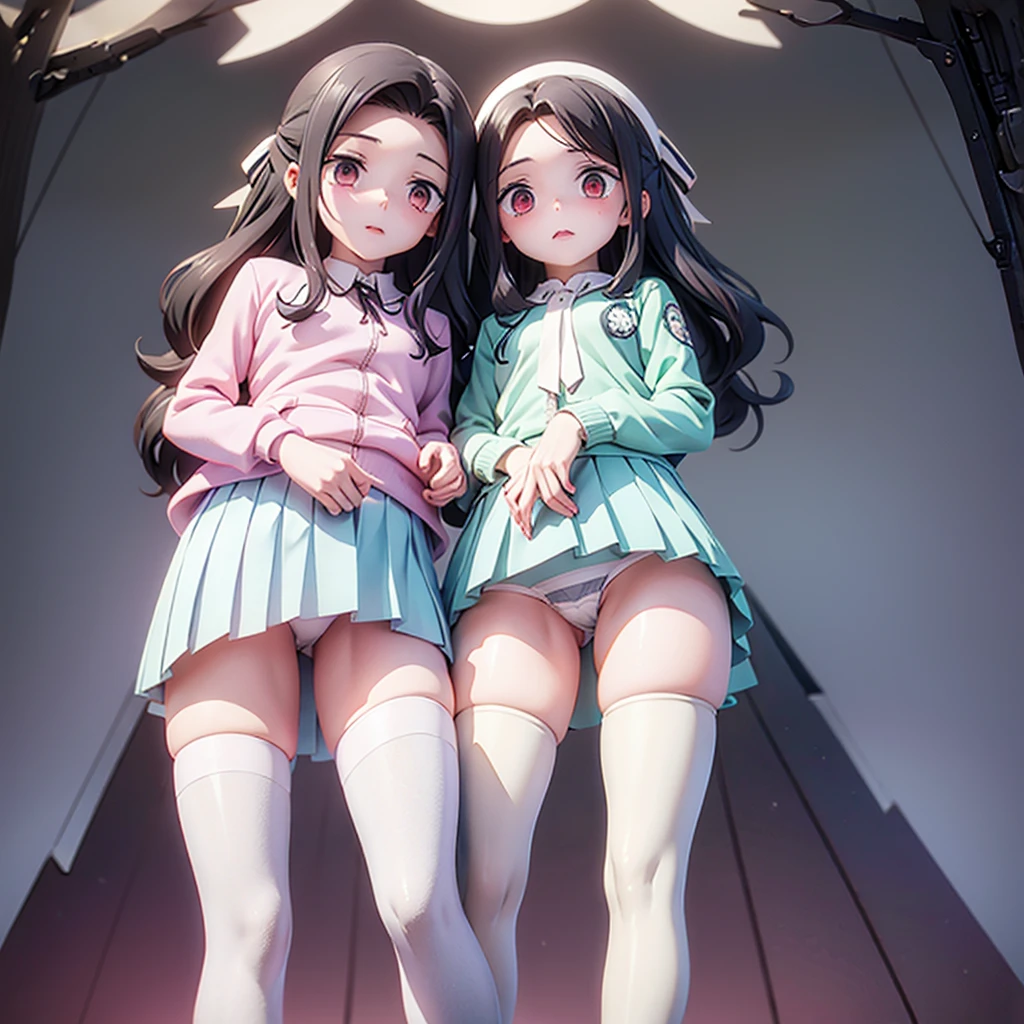 Underwear for two girls, Ages 5 to 、Realistic panties made from patterned cotton fabric、Translucent slip、Skirt lining、Skirt flip、In the shadow of a dark tree、Put your hands on your crotch、tights、Peeking from below