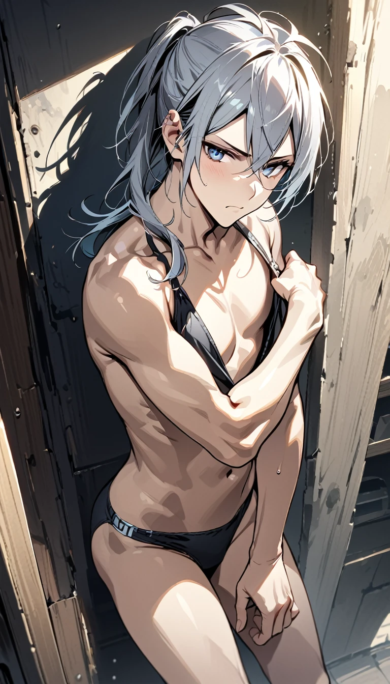 absurdres, highres, ultra detailed, super fine illustration, best quality, 1boy, perfect anatomy, male focus, solo, (dark-skinned:0.8) male, silver hair, long hair, black bikini, bare shoulders, bare arms, bare legs, &lt;lora:_L2090:-0.6&gt; &lt;lora:flat:-0.2&gt;