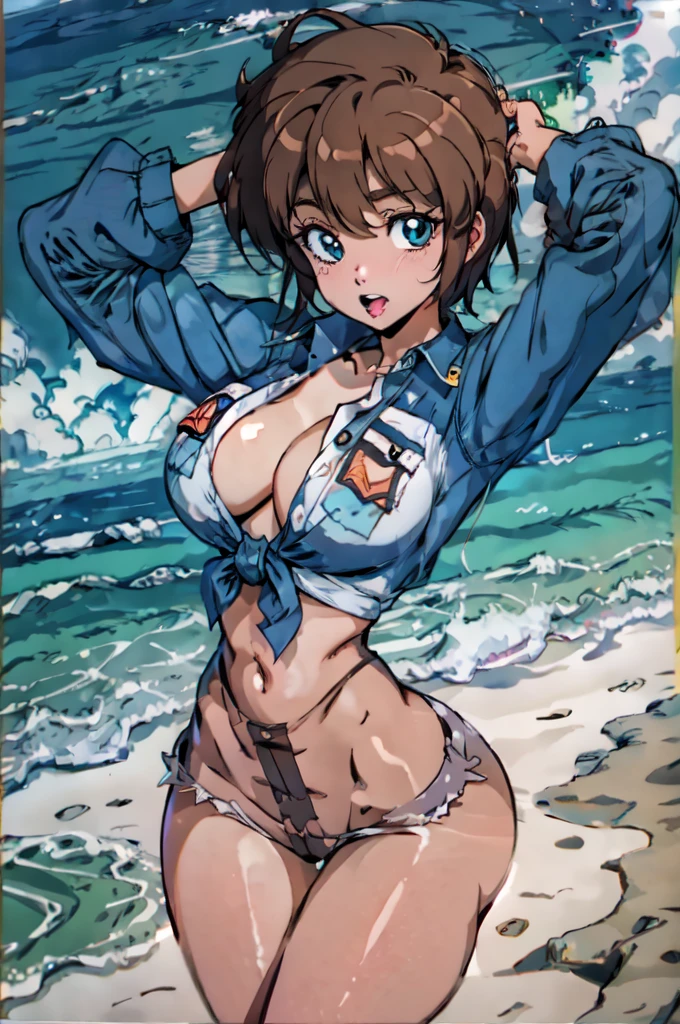 (masterpiece,best quality,absurdres,beautiful,aesthetic,detailed),1girl,tied shirt,underboob,navel,narrow waist,shorts,unbuttoned:1.2,skindentation,beach,arms up, short hair, hands in hair, cowboy shot,wide hips,open fly,panties,navel piercing,medium breasts,facing viewer,thigh gap