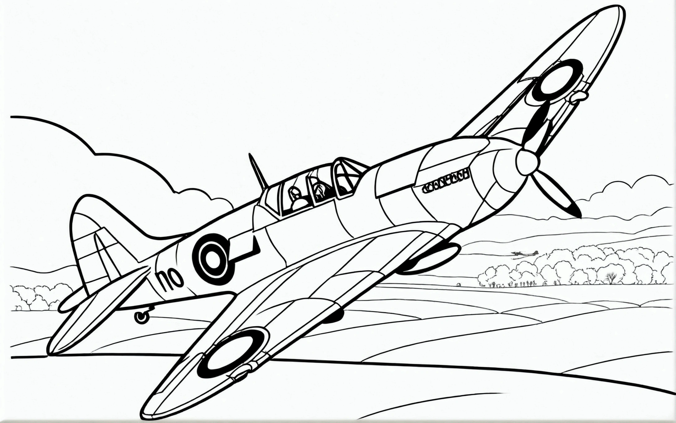 draw me a precise sketch line drawing of spitfire aircraft flying above battlefield, isolated, surrounded with negative space, only one line, coloring book page, perfect proportion