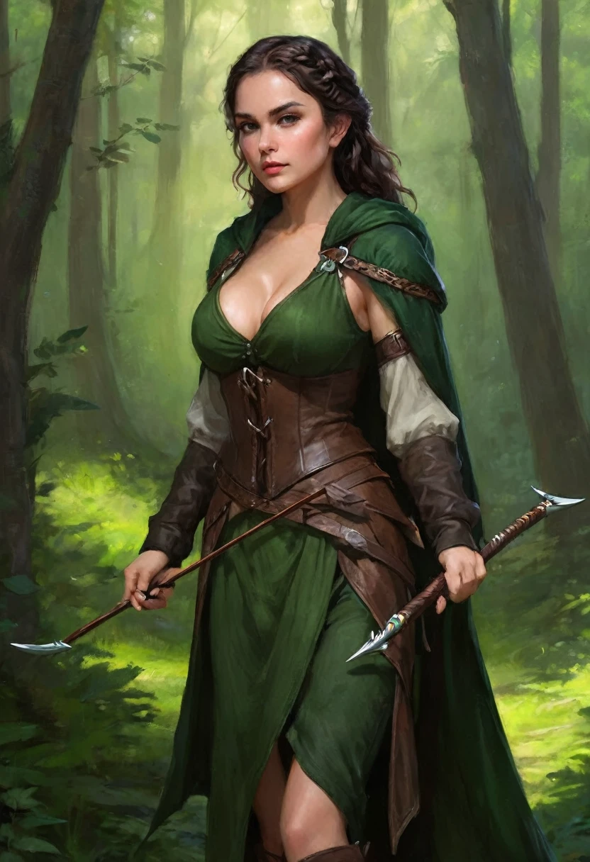 (masterpiece, top quality, best quality, official art, beautiful and aesthetic:1.2), (1girl:1.3), dark brown hair in a single braid, extremely detailed, portrait, looking at viewer, solo, (full body:0.6), detailed background, close up, cat eyes, (warm summer forest theme:1.1), (elf) ranger, charlatan, smirk, mysterious, running in forest, revealing ranger attire, brown leather, cowl, cloak, corset, long boots, buckles, straps, pouches, bow and arrow, green fabric, brown leather, ((((gigantic breasts, cleavage, skindentation)))), slim waist, slim hips, long legs, medieval (forest exterior:1.1) background, dark mysterious lighting, shadows, magical atmosphere, dutch angle,