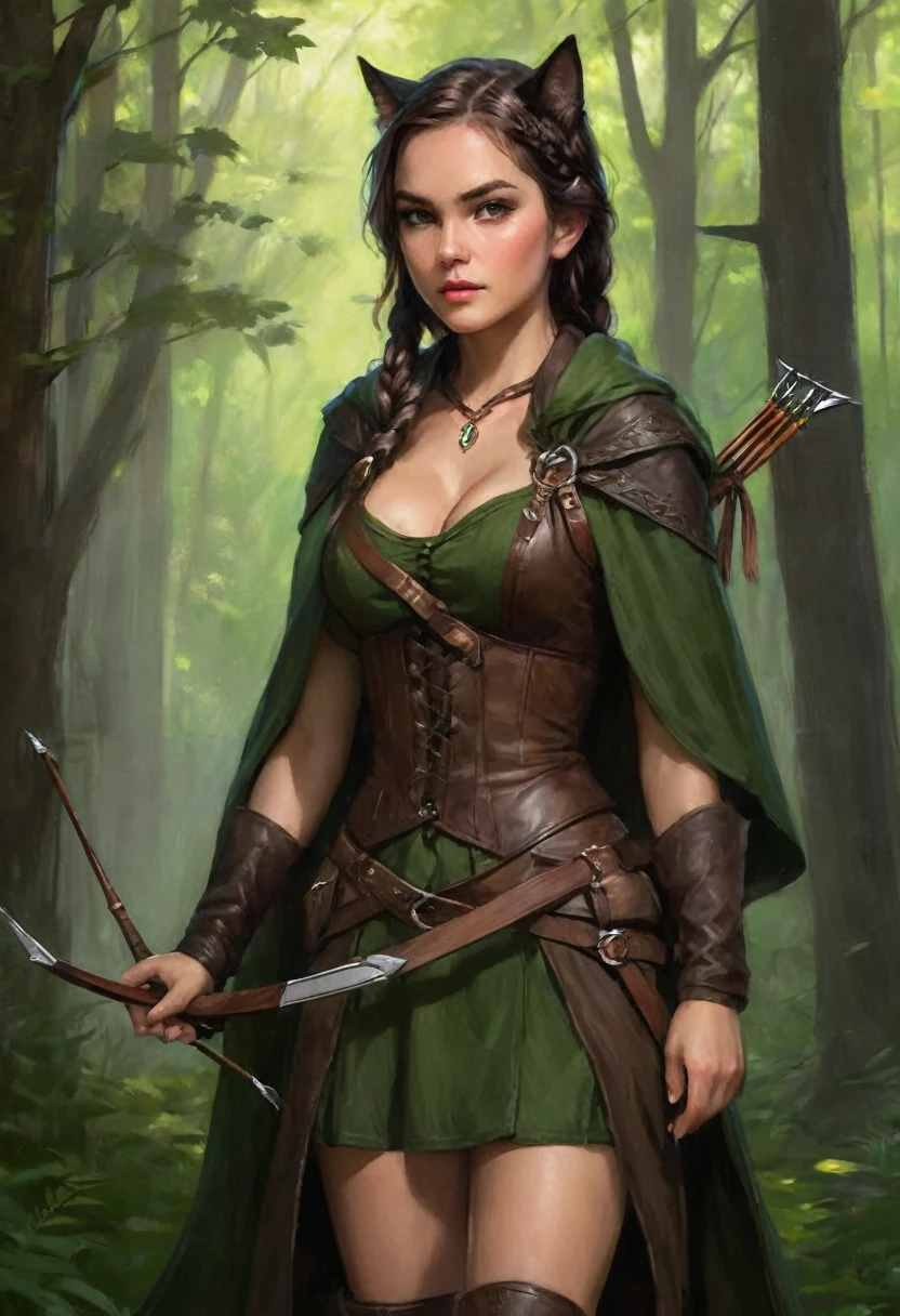 (masterpiece, top quality, best quality, official art, beautiful and aesthetic:1.2), (1girl:1.3), dark brown hair in a single braid, extremely detailed, portrait, looking at viewer, solo, (full body:0.6), detailed background, close up, cat eyes, (warm summer forest theme:1.1), (elf) ranger, charlatan, smirk, mysterious, running in forest, revealing ranger attire, brown leather, cowl, cloak, corset, long boots, buckles, straps, pouches, bow and arrow, green fabric, brown leather, ((((gigantic breasts, cleavage, skindentation)))), slim waist, slim hips, long legs, medieval (forest exterior:1.1) background, dark mysterious lighting, shadows, magical atmosphere, dutch angle,