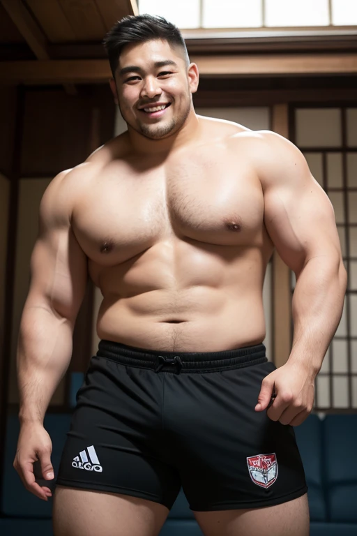 ((highest quality)), ((masterpiece)), (detailed), ((Perfect Face)), 4k, Shaved head, Young Japanese, Muscular, Fat body, Very big man, smile, ((showing off crotch)) A large Japanese man shirtless、whole body、Rugby player、Thick legs、Thick arm muscles、Intimidating、whole body、wearing a very tight black shorts、wearing a very short black shorts, (shirtless)、At the rugby field