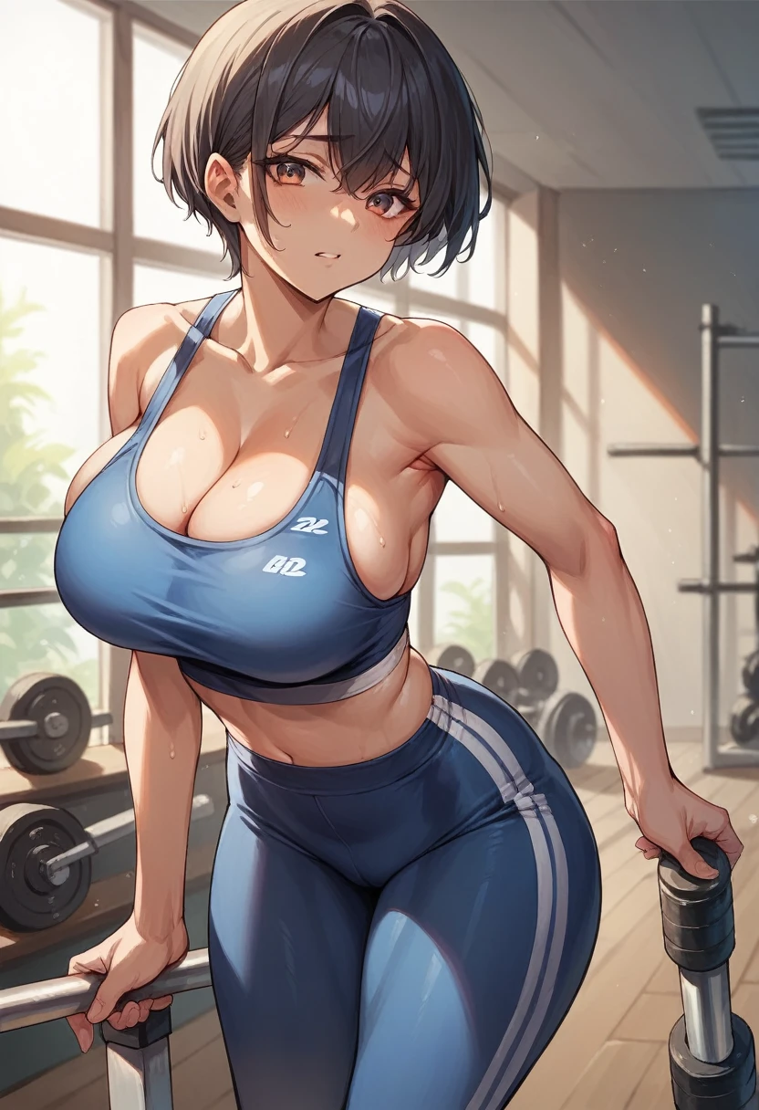 23 year old Japanese woman, short hair, in a tight gym outfit, she is in her room, big breasts