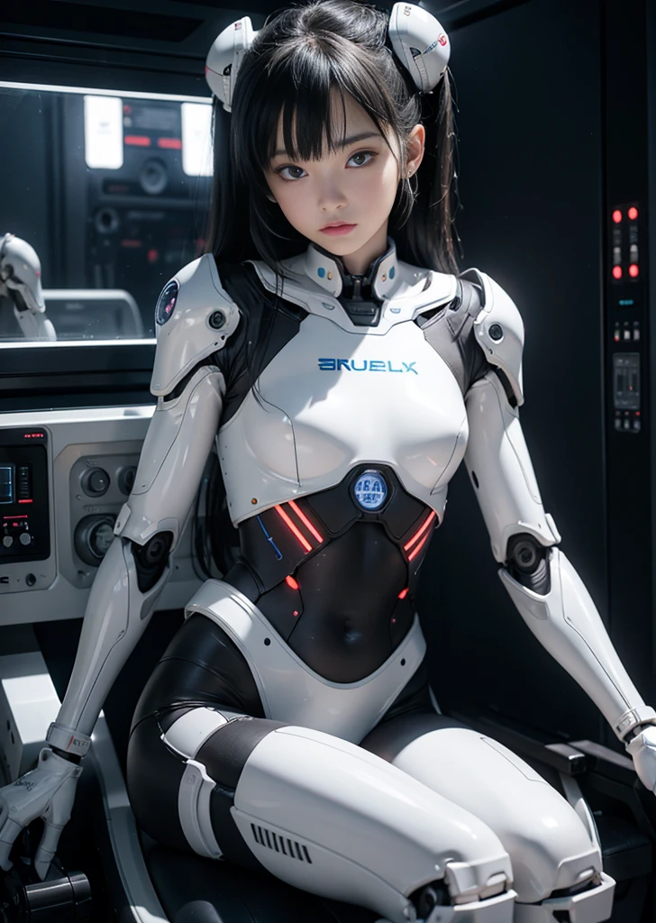 Girl with a robot body、(One Girl)、、titanium alloy skeleton、Body composed of a small control motor, cylinder and pipe、Sitting in the maintenance chair、Smooth silicone tubing connects the unit to the control panel、Light、numerous pilot lights、The entire area is occupied by a control panel、High resolution、High resolution、High color rendering、High resolution、Ultra-realistic、Photo Real