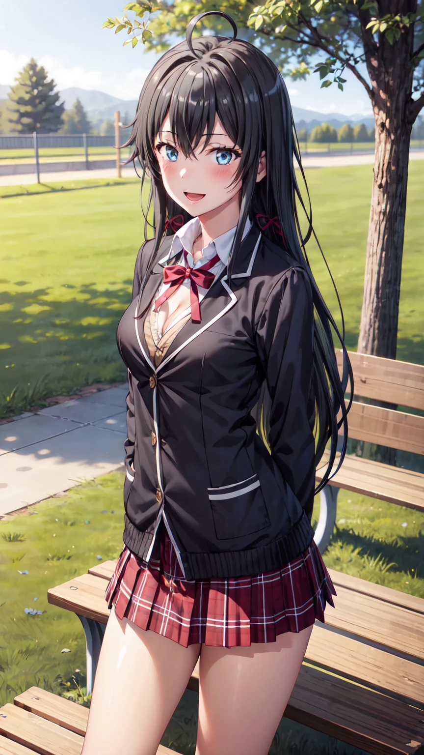 Masterpiece ,best quality , high resolution , (1 girl solo:1.38) , (yukino yukinoshita, black hair, blue eyes, long hair, ahoge,
blazer, cardigan, jacket, plaid skirt, school uniform, skirt, high school uniform) , (cleavage:1.2) , (medium breast:1.28) , (face view , front view , look at view) , ( windows , outdoor , school , grass , bench , tree ) , (standing , thighs ) , (cowboy_shot) , ( smile , open mouth , full face blush , shy )
