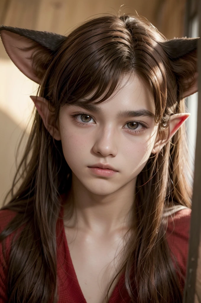 A 16 year old man, with yellowish brown skin, eyes browns, equally brown hair but with red highlights, hair style being not too big medium, elf ears is black and red clothing with a mature appearance, he is a dragon