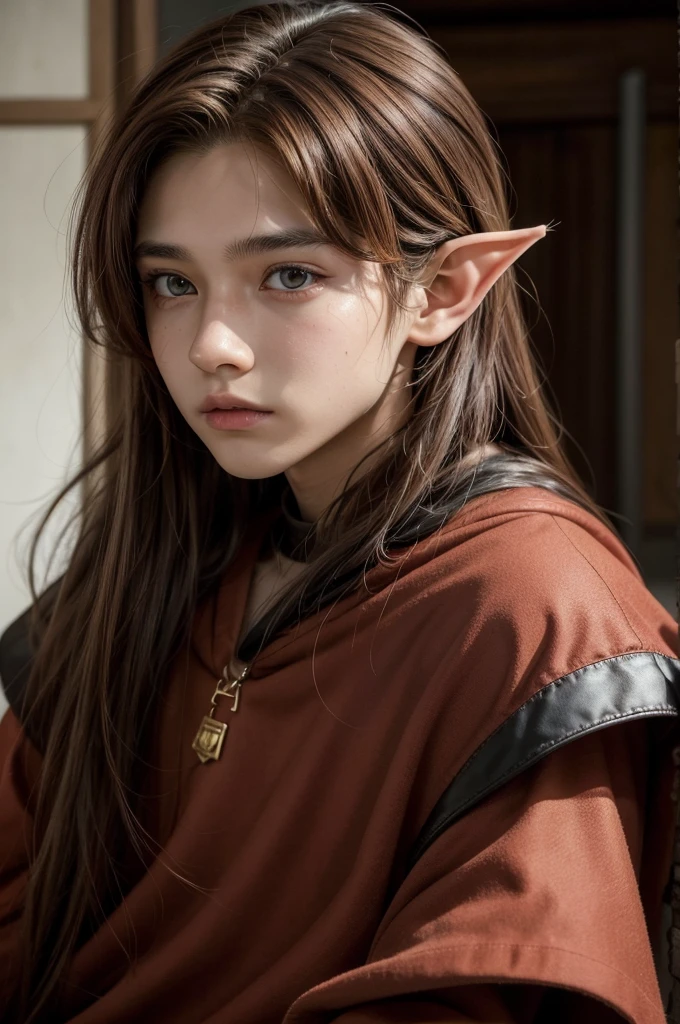 A  man, with yellowish brown skin, eyes browns, equally brown hair but with red highlights, hair style being not too big medium, elf ears is black and red clothing with a mature appearance, he is a dragon 