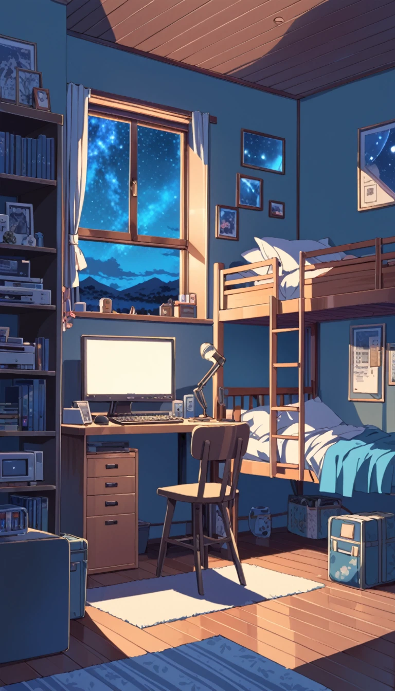blue room, lofi art, style of Laurie Greasley, style of Makoto Shinkai, anime aesthetic, BREAK {illustration of inside room. Rooms with blue as the base color, The interior should be cozy and detailed, featuring bunk beds. small window showing a night sky view, desk, computer, and personal items. Include shelves, storage spaces, The atmosphere should be warm and intimate}