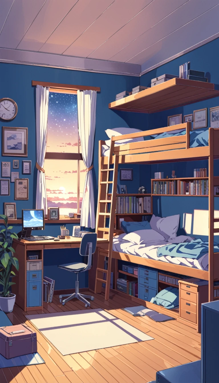 blue room, lofi art, style of Laurie Greasley, style of Makoto Shinkai, anime aesthetic, BREAK {illustration of inside room. Rooms with blue as the base color, The interior should be cozy and detailed, featuring bunk beds. small window showing a night sky view, desk, computer, and personal items. Include shelves, storage spaces,  The atmosphere should be warm and intimate}