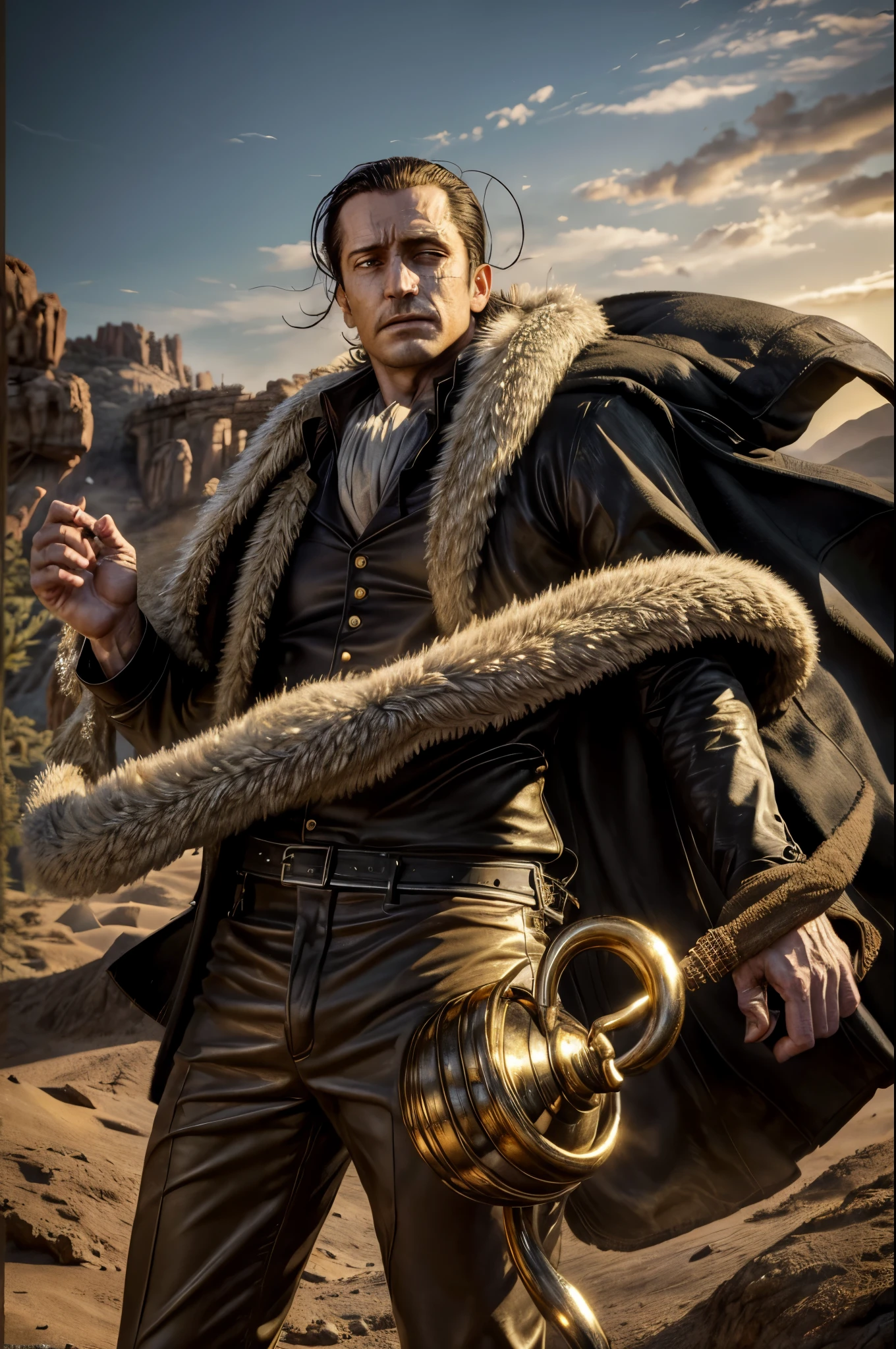 masterpiece, best quality, extremely detailed, hyperrealistic, photorealistic, a cool 40s man, ultra detailed face:1.3, fur-trimmed coat, scarf around the neck, his left hand is a golden pirate hook:1.1, desert, artistic jump:1.2, strenuous movements, dynamic angle