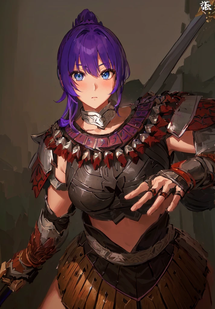 Wearing armor、Anime image of a woman holding a spear, Armor Girl, With scaly armor, Purple Armor, wearing monster hunter armor, A very beautiful berserker woman,Anime Art，Three Kingdoms志，Three Kingdoms。big boods，big ，huge ，sex body，Purple Hair，Blue Eyes，Black Leather，Brown skin，dark skin，