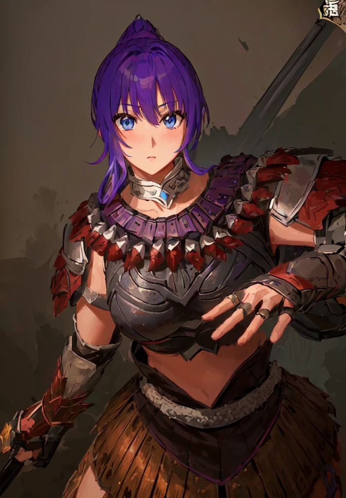 Wearing armor、Anime image of a woman holding a spear, Armor Girl, With scaly armor, Purple Armor, wearing monster hunter armor, A very beautiful berserker woman,Anime Art，Three Kingdoms志，Three Kingdoms。big boods，big ，huge ，sex body，Purple Hair，Blue Eyes，Black Leather，Brown skin，dark skin，