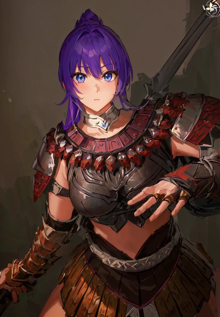 Wearing armor、Anime image of a woman holding a spear, Armor Girl, With scaly armor, Purple Armor, wearing monster hunter armor, A very beautiful berserker woman,Anime Art,Three Kingdoms志,Three Kingdoms。big boods,big ,huge ,sex body,Purple Hair,Blue Eyes,Black Leather,Brown skin,dark skin,