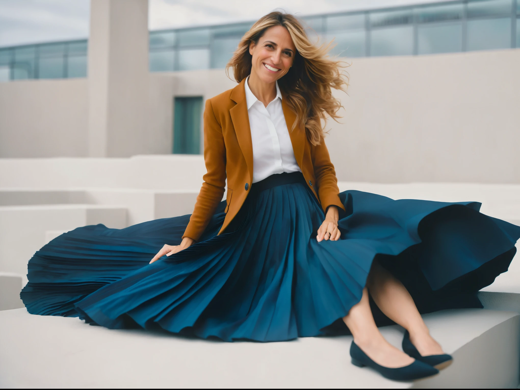 Insatiable Skirt lover and kind, shy woman Emily Maitlis has Intense Orgasming love for her skirt, sitting and wearing (long pleated full circle skirt), uniform jacket and strapless low pump office shoes, (pronounced (feminine) features), (very windy), skirt is flowing wildly in the wind, inside a spaceship travelling through deep space, very, very intricate hyper-detailed symmetric (attractive graceful young feminine face) with (sad, tired eyes and a loving smile), very voluptuous breasts, full of empathy and compassion and love, (pronounced (feminine) features), (highly detailed ultra accurate realistic) hands and fingers, (windy), epic composition, highly detailed attributes, (35mm f1.4 Kodak portra 400 photograph), extremely high quality RAW photograph, highly detailed atmosphere, sci-fi, cinematic shot, dynamic lighting, 75mm, Technicolor, Panavision, cinemascope, sharp focus, fine details, 8k, HDR, realism, realistic, key visual, film still, superb cinematic color grading, depth of field