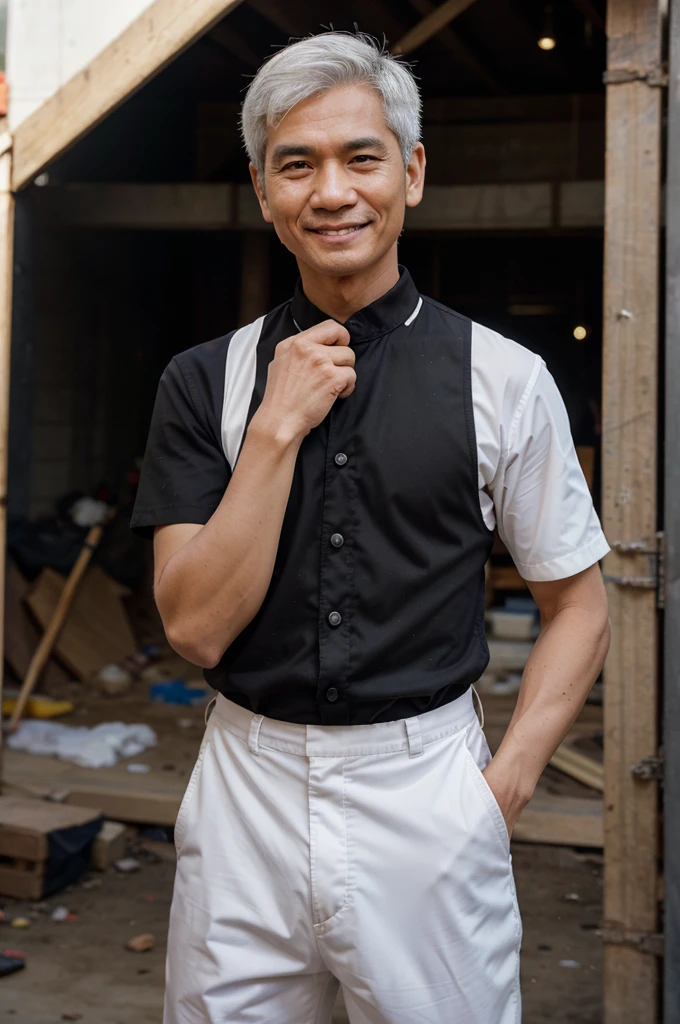 ภาพrealistic, Thai Men, smile, Skinny,Wear a black suit., Age 60, short hair,slightly white hair,Oval face,Go see the construction site, outdoor, In the back there are people working on construction.,clarity, Bokeh, realism, realistic, realism, professional photography, FuSD, dslr.