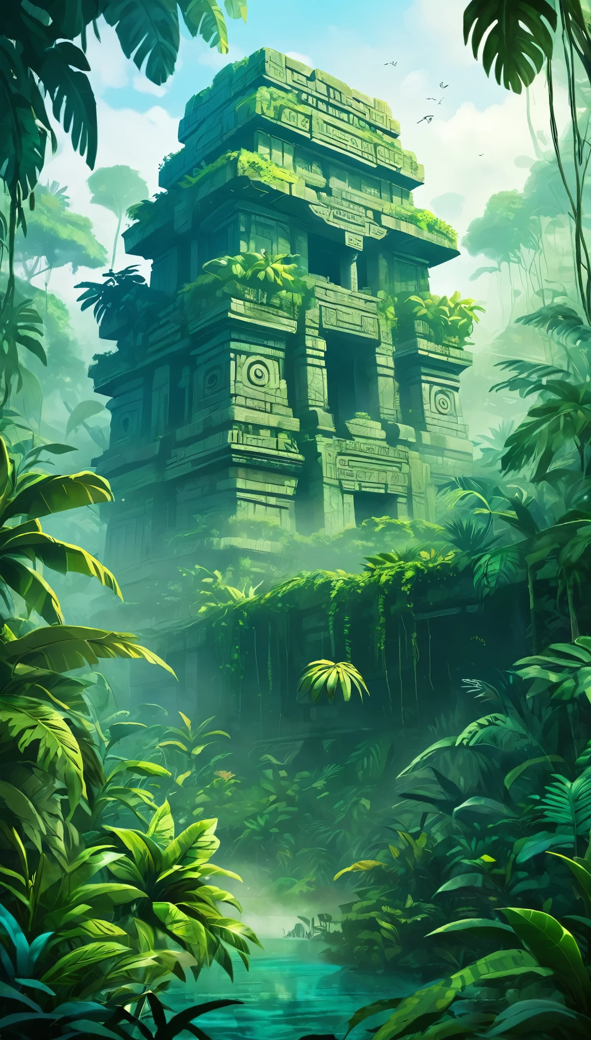 card "Mayan jungle", Dense jungle, surrounding Lost City. Here you will meet exotic flora and fauna, as well as dangerous enemies.
Peculiarities: nature research, Battles with enemies, artifact search. digital painting, location, location из игры, большая location, fog in the foreground, cute style, anime style, огромная игровая location, shimmering treasures, attention-grabbing