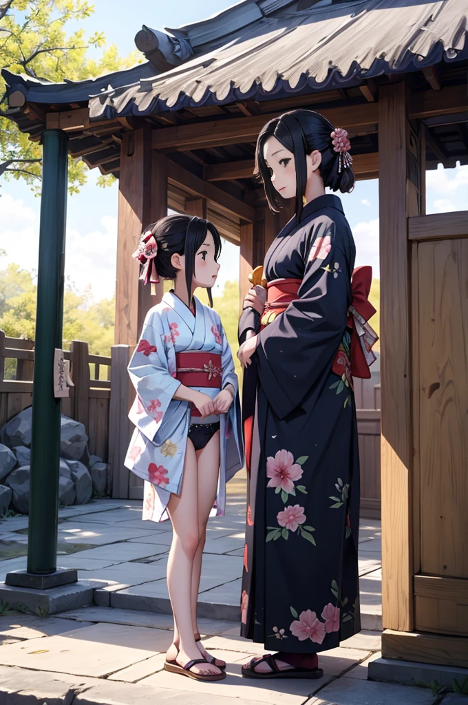 Girls under ***********, Height under 100, kimono, Small breasts, Patterned cotton panties, Fabric Real, Black Hair, kimono, Old shrine