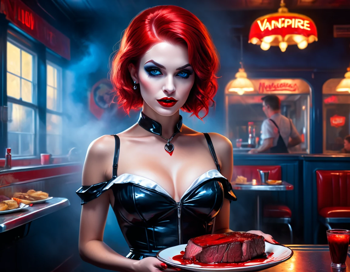 a 3D digital painting picture of extremely (beautiful female vanpire:1.3) serving a big juicy raw steak on a tray, dripping blood in a goth American diner, an exquisite beautiful female (vampire:1.3), (full body: 1.1) ultra feminine ultra detailed face, red hair, short hair, red lips, blue eyes, wearing sexy white seductive latex dress, serving a goth diner American kitchen background, full body dynamic angle, , award winning, best quality, high quality, high details, highres, vibrant, Ultra-high resolution, High Contrast, (masterpiece:1.5), highest quality, Best aesthetics, best details, best quality, highres, ultra wide angle, 16k, [ultra detailed], masterpiece, best quality, photorealistic, 3D rendering, furry