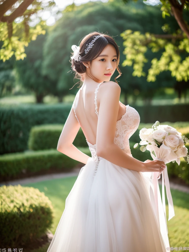 ((Photographed at a wedding))、Wearing a wedding dress、Are standing、(arms behind back)、 ((Best Quality, 8K, masterpiece :1.3)), Full body、sexy girl with perfect figure :1.4, Slender Abs :1.1, ((Huge breasts :1.0)),Ultra-detailed face and skin