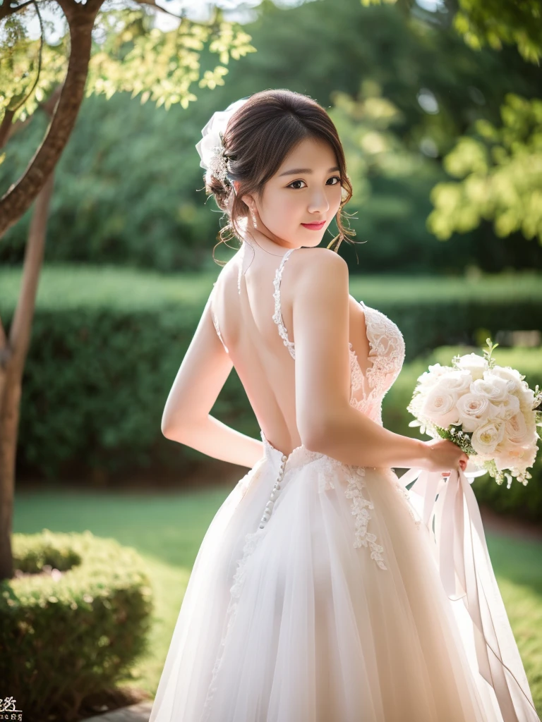 ((Photographed at a wedding))、Wearing a wedding dress、Are standing、(arms behind back)、 ((Best Quality, 8K, masterpiece :1.3)), Full body、sexy girl with perfect figure :1.4, Slender Abs :1.1, ((Huge breasts :1.0)),Ultra-detailed face and skin