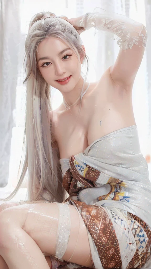(best quality:1.4), (white hair), (silver hair), (ultra highres:1.2), (photorealistic:1.4), (8k, RAW photo:1.2), (medium shot :1.5) , (thai girl ),(look at viewer),(ponytail white hair:1.3), (blue eyes), (wearing brown busty patung dress:1.4), (beautiful leg), (big and large breast), natural light, rim light, (beautiful teeth smile, smiling) , (open mouth) , full body