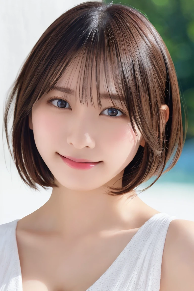 8K highest image quality)、（beautiful）、Accurate Eyes、Fine skin、22-year-old female、Stylish、Brown eyes、Brown Hair、looking at the camera、Close-up、Completely naked、Semi-short hair、smile、bangs、Cleavage