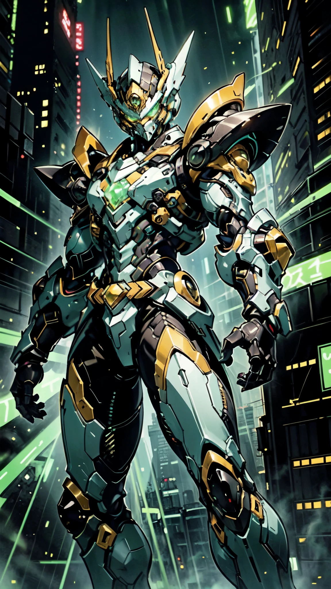 (masterpiece:1.5, best quality:1.5, extremely delicate:1.5, foreshortening:1.5, dynamic angle:1.5), a man wearing a full-face helmet, a fantasy-style biotech armored combat suit, green eyes, (a composite layered chest armor), fully enclosed shoulder guards, matching arm and leg guards, the belt is adorned with neon circuitry, (the color scheme is primarily black with green white accents), the design balances heavy with agility, a high-tech bio-mecha armor, (Armor Concept Inspired by neon Cyberpunk, stand on the top of a skyscraper in a futuristic sci-fi city), this character embodies a finely crafted fantasy-surreal style armored hero in anime style, exquisite and mature manga art style, (element, plasma, energy, the armor glows), ((male:1.5)), metallic, high definition, highres, ultra-detailed, ultra-fine painting, professional, perfect body proportions, golden ratio, anatomically correct, symmetrical face, extremely detailed eyes and face, high quality eyes, creativity, RAW photo, UHD, 32k, Natural light, cinematic lighting, masterpiece-anatomy-perfect