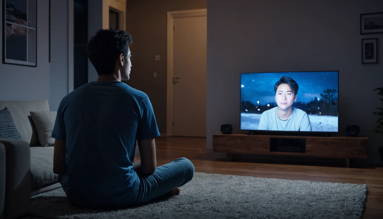 An image of a young man alone sitting in the living room looking at the television at night, PICTURE REALISTIC, high resolution, 8K