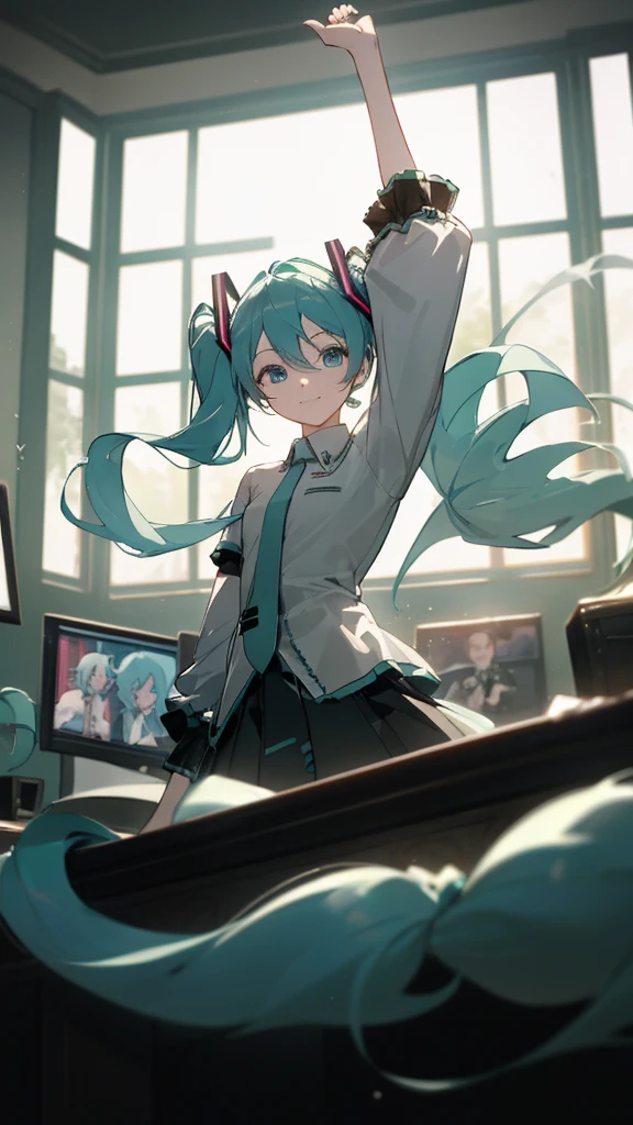 ((Masterpiece))
(better_quality)(1 girl)
 versus_viewer,far
(blurred_bottom) (depth_of_Field)
Game_room,ofsorofnado_room,otaku_room,(Screen)
(Hatsune Miku) (two tails)
(half_old)
light_SMILE,blue_Eyes:1.4 arms up, inclinado hacia aoflante, hand on one&#39;s own chest, ((Outstretched hand))