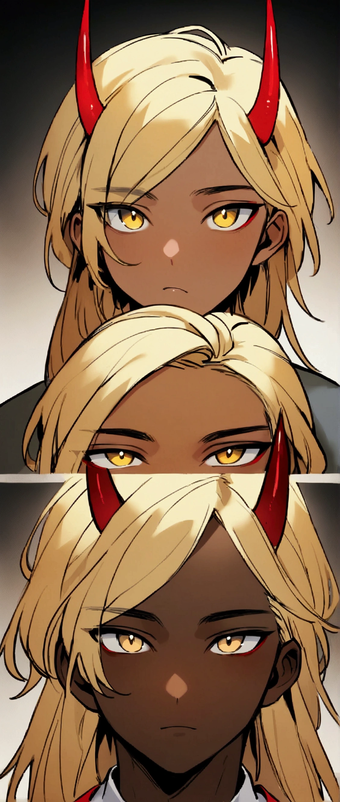 One Man,Beautiful young man with blond hair and dark skin, 20-year-old, Yellow Eyes, length, Silky Hair,Red horns growing from the sides of its head,Wearing traditional Korean clothing,She has her bangs down,View your viewers,