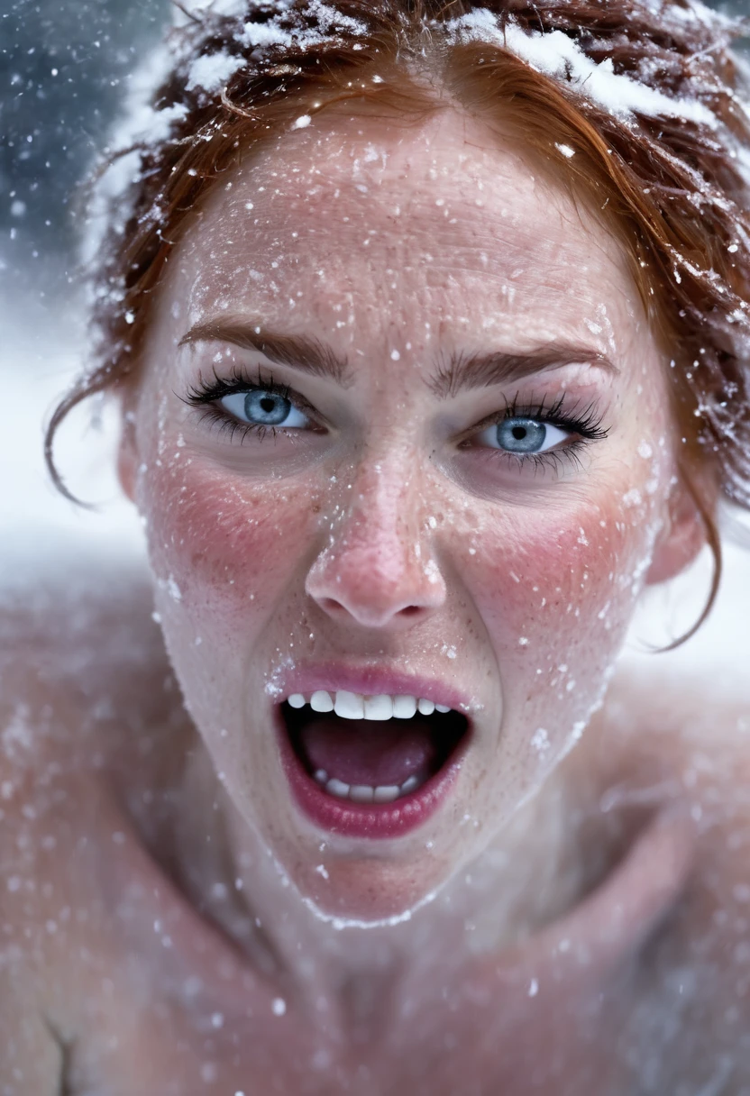 (beautiful screaming nude freckled woman), (eyes open), (terrified expression), (((frightened expression))), (((startled expression))), (((crying))), (((shouting))), (frosty face), (face made of frost), (face turning into frost), (head made of frost), (ASFR), (turning into frost), (becoming frost), (lying buried in the snow in a blizzard), ((((half made of frost, half made of flesh)))), side profile
