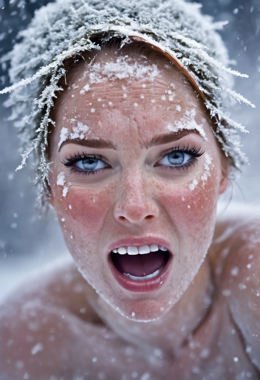 (beautiful screaming nude freckled woman), (eyes open), (terrified expression), (((frightened expression))), (((startled expression))), (((crying))), (((shouting))), (frosty face), (face made of frost), (face turning into frost), (head made of frost), (ASFR), (turning into frost), (becoming frost), (lying buried in the snow in a blizzard), ((((half made of frost, half made of flesh)))), side profile